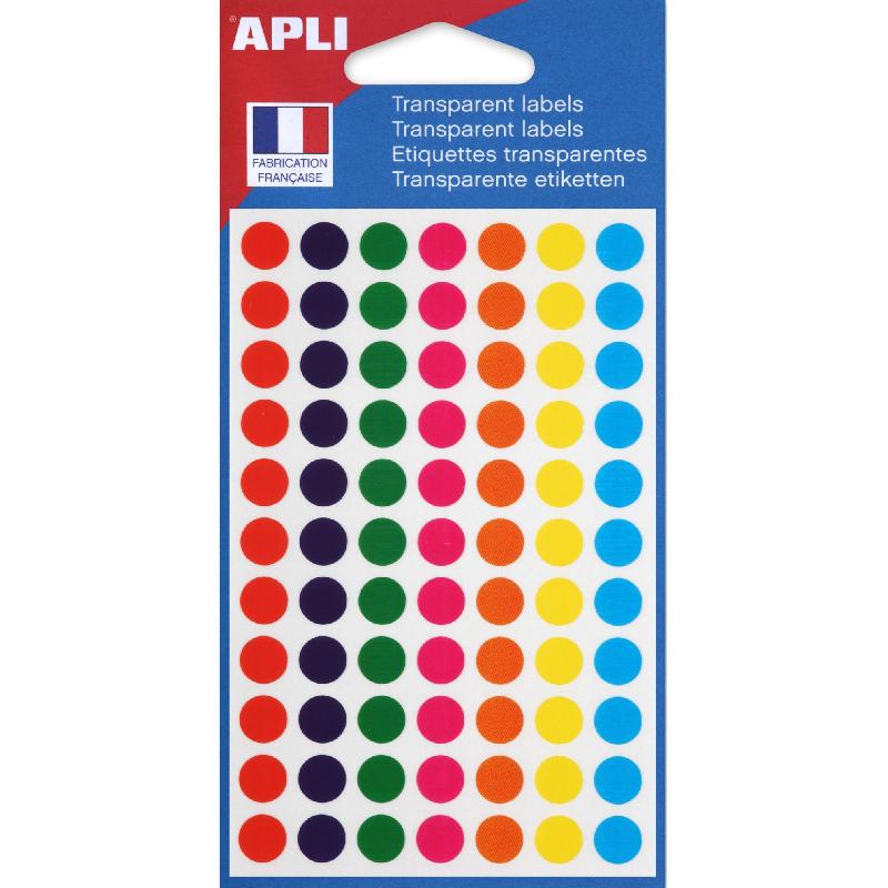 PASTILLES ADHESIVES TRANSPARENTES APLI DIAMETRE 8 MM - POCHETTE DE 385 - COLORIS ASSORTIS