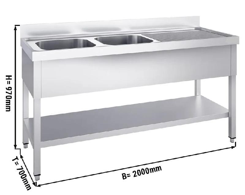 Plonge inox de 200 x 70 cm - 2 cuves à gauche - étagère inférieure et dosseret_0