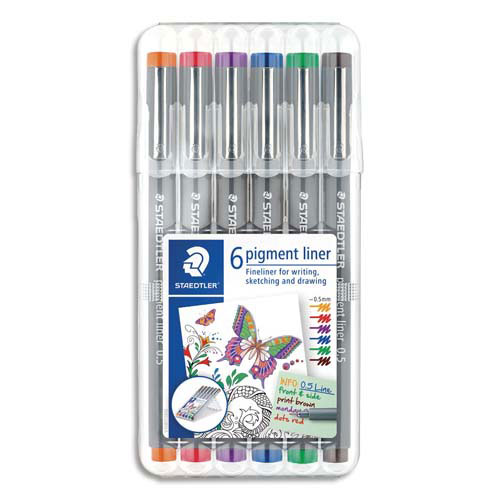 FEUTRES PIGMENT STAEDTLER LINER 308 - POINTE CALIBREE BAGUEE METAL 0,5 MM - COLORIS ASSORTIS - ETUI DE 6