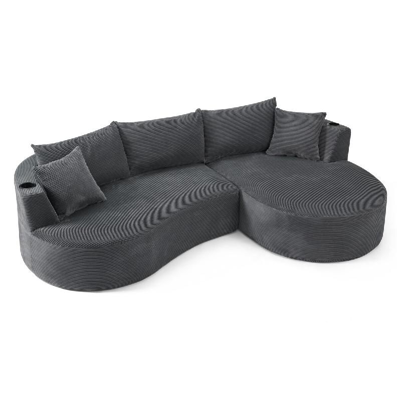 Merax Ensemble canapé , 2 places + méridienne gauche, avec porte-gobelet et coussin, design arqué, tissu velours côtelé, gris - gris W3358S00094_0