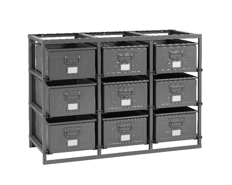 Rack de rangement 9 postes - caisses métalliques vernies 85L - superposable jusqu'à 3 racks_0