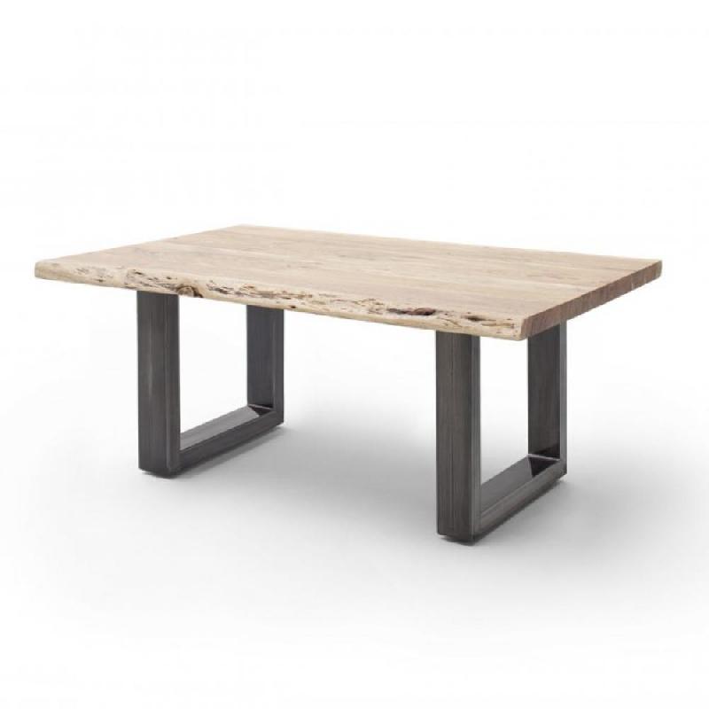 Table basse Clarén - plateau 110 cm en acacia massif naturel laqué - piétement U en acier finition vintage_0