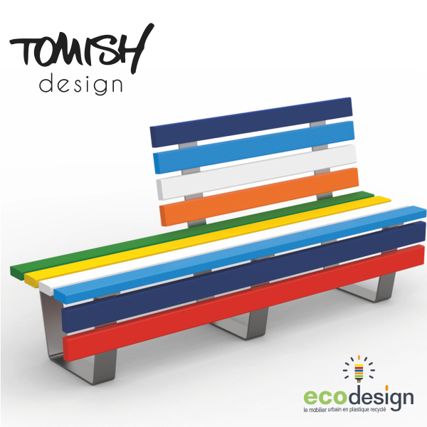 Banc public en plastique recyclé éco-design Tomish - demi-dossier - 200 cm - pieds en acier galvanisé_0