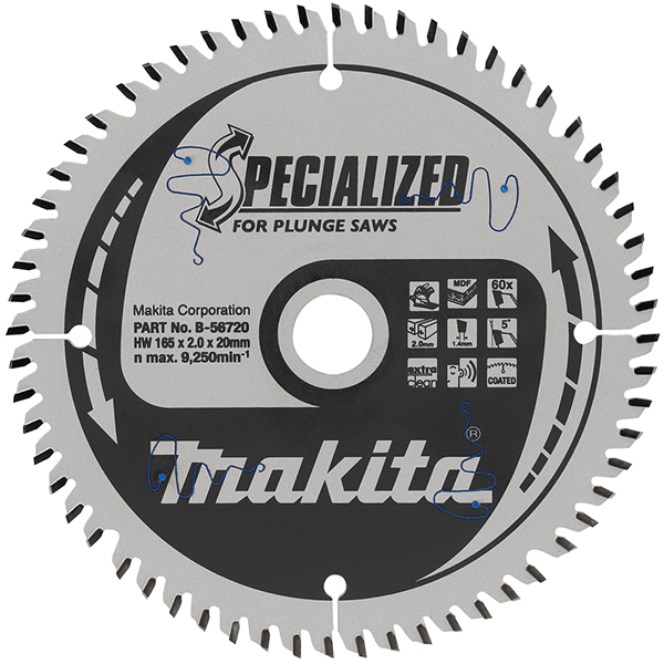 LAME SCIE PLONGEANTE MDF SPECIALIZED MAKITA DIAMÈTRE 165 MM ALÉSAGE 20 MM 60 DENTS