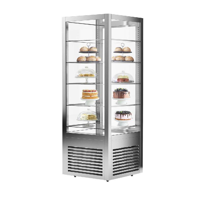Vitrine réfrigérée à pâtisserie sur roulettes avec 4 côtés vitrés et 5 étagères - couleur argent_0