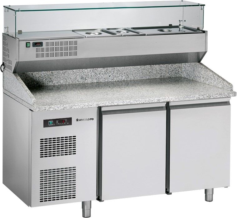 Bpz163s - Table à pizza réfrigérée - Angelo Po - 257 kg - Plan de travail en granit avec vitrine réfrigérée_0