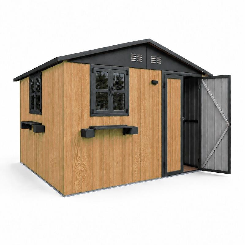 Merax Abri de jardin en acier galvanisé aspect bois naturel 7,19 m², 2 fenêtres, portes doubles verrouillables, étagère à fleurs, 313,1 x 255,4_0