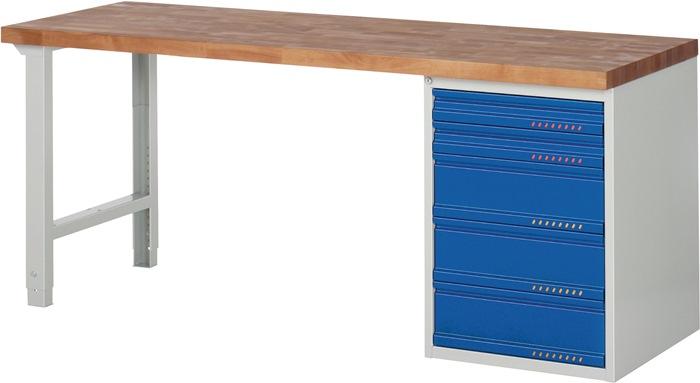 Établi série BK 650 l.2000xP700xH840 mm hêtre massif gris clair, RAL 7035 bleu gent.,RAL 5010 5 tiroirs PROMAT_0