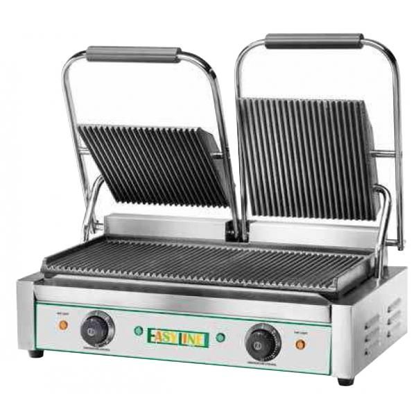 Appareil à panini double plaque - meuble inox avec plaques rainurées et thermostat réglable_0