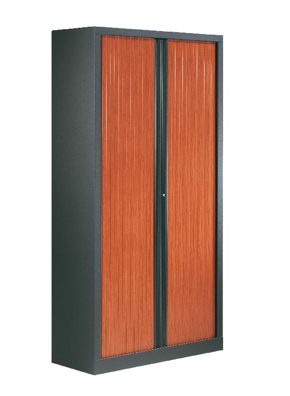 Armoire à rideau haute - bicolore merisier et anthracite - 4 tablettes - L.1000 mm_0