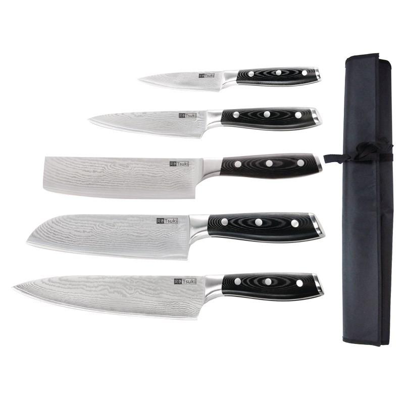 Ensemble de 5 couteaux japonais de qualité supérieure avec étui - Tsuki - Lames en acier Damas_0