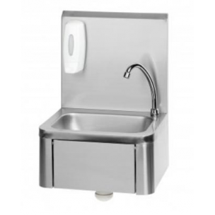 Lave-mains à poussoir au bassin Kevin - avec distributeur de savon et dosseret en acier inoxydable_0