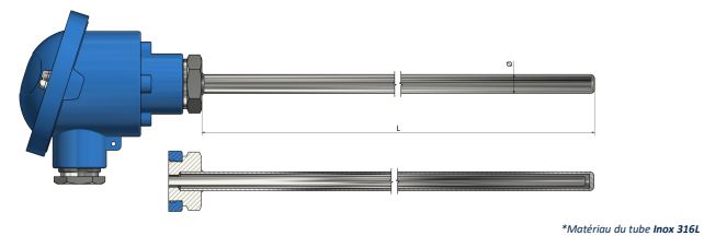 Thermocouple avec tête de raccordement - Avec doigt de gant - TH40 - Types K, N, J, T, E, R, S, B - Classe 1 et 2_0