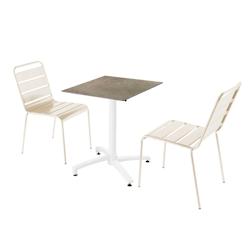 Oviala Business - Ensemble table de terrasse stratifié marbre beige et 2 chaises en métal ivoire - Pied KLIPO blanc - 60x60x72 cm_0