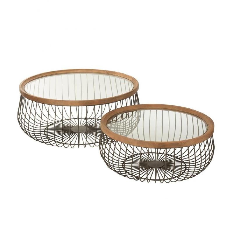 Set de 2 tables basses rondes Tazzy - Bois massif, verre trempé et métal - Dimensions L100xH43xP100 & L80xH35xP80_0