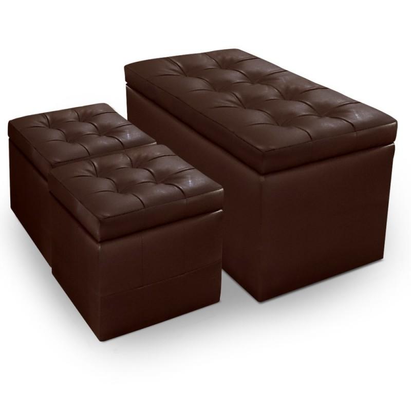 BANQUETTE COFFRE & 2 POUFS HENRIETTE 85CM MARRON - PARIS PRIX_0