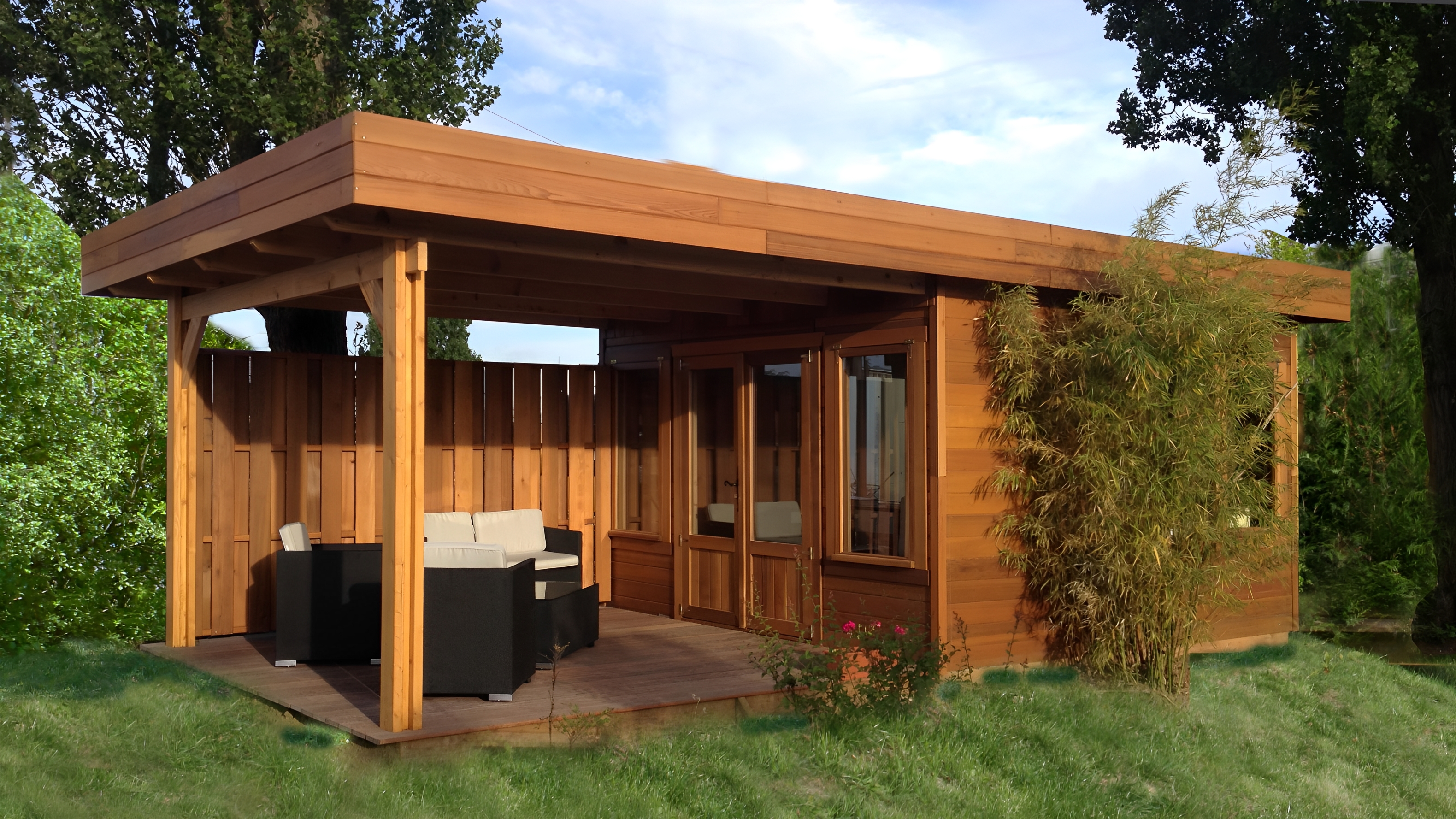 Cuisine d'été en bois - ossature solide en Red Cedar - modifiable avec auvent, menuiseries et baies vitrées_0
