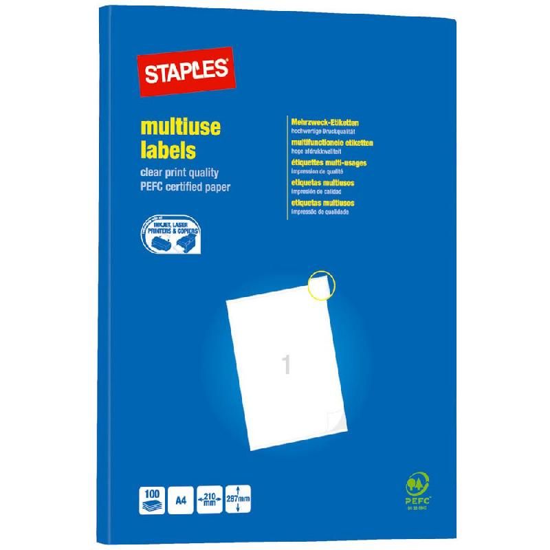 STAPLES ETIQUETTE MULTI-USAGES BLANCHE - STAPLES - 210 X 287 MM - BOÎTE DE 100 ÉTIQUETTES