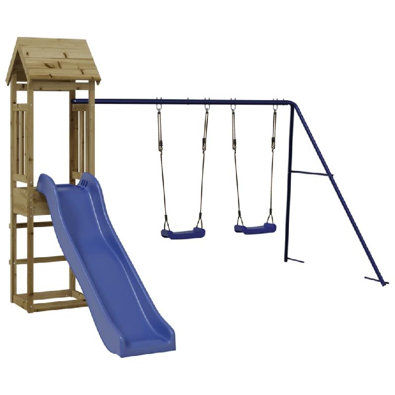 Aire de jeux d'extérieur en bois de pin imprégné - 255 x 160 x 162 cm - Avec toboggan ondulé, double balançoire et bac à sable - Réf. 02_0004631_0