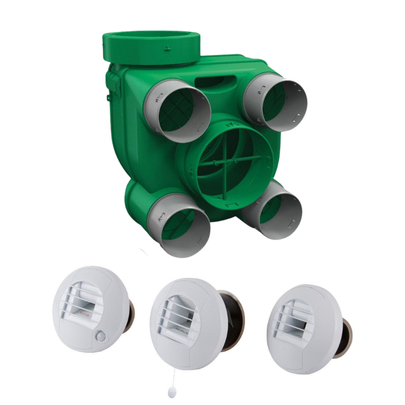 Kit Hygro B VMC simple flux hygroréglable basse conso + 3 bouches cordon et à piles  - Axelair - KHBMRST5160_0