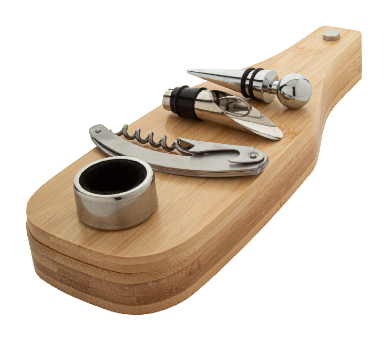 Set à vin en acier inoxydable - avec tire-bouchon, bouchon, embout et boîte en bambou en forme de bouteille_0