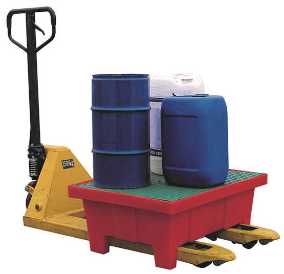 Bac de rétention 70 L avec pied et caillebotis plastique - BRLP70 - stockage fûts jusqu'à 60 L - passages de fourche_0