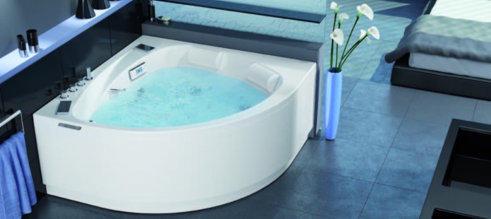 Baignoire d'angle Maloya - Design épuré avec bec cascade, appuie-têtes et poignées chromées - Volume 340L en BIOCRYL®_0