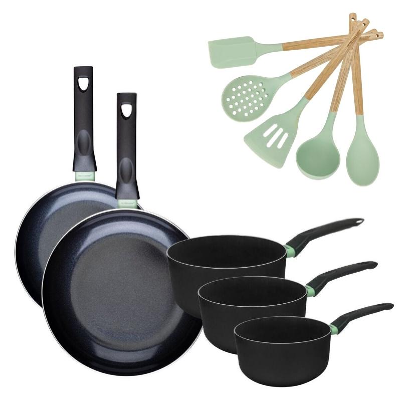 Batterie de cuisine avec 2 poêles 24/28 cm et 3 casseroles 16/18/20 cm avec 5 ustensiles de cuisine Fackelmann Brandao Océan - noir aluminium 317623_0