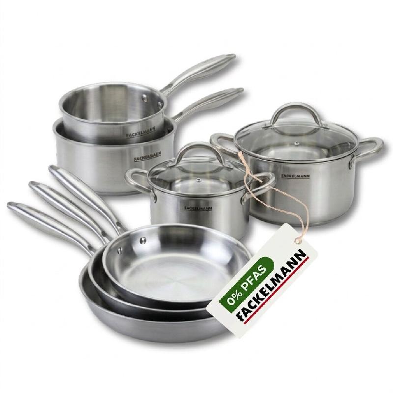 Batterie de cuisine avec 3 poêles 20/26/28 cm 2 casseroles 14/18 cm et 2 faitouts 20/24 cm sans PFAS Fackelmann Vita3 - gris Acier inoxydable 18/10 3_0