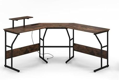 COSTWAY Bureau d'Angle en L Réversible avec Support d'Écran et Station de Chargement, Table d'Angle, Bureau d'Ordinateur de Jeu - marron ON32926PQ-OR_0
