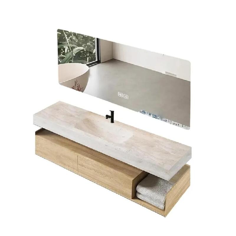 Ensemble de salle de bain suspendu avec vasque en pierre frittée, miroir LED, meuble à tiroirs et kit d'évacuation, 130×55 cm【RWR208-130】 - 07_0