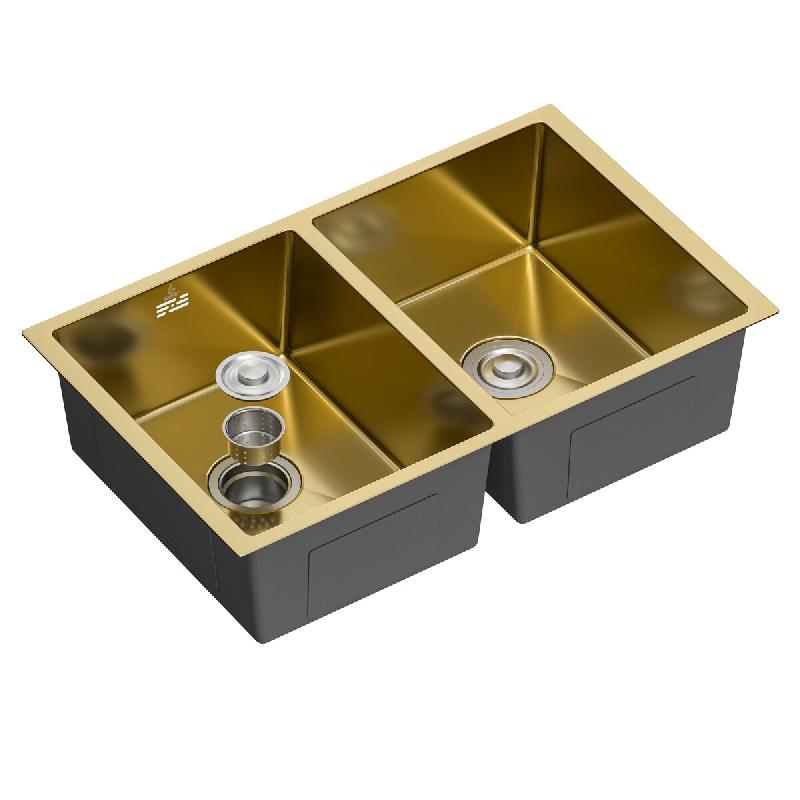 Gasfrit - Évier de cuisine 2 bacs, avec siphon, pour plan de travail en acier inoxydable couleur or, une cuve, 760 x 470 x 200 mm - doré inox gfyl18_0