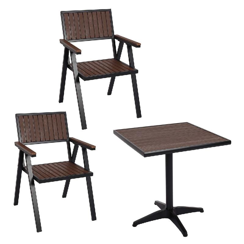 Mendler Set de 2 chaises de jardin+table de jardin HWC-J95, chaise table, revêtement Gastro Outdoor, alu aspect bois ~ noir, marron foncé - marron B_0