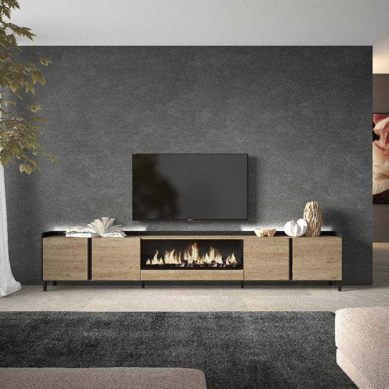 SKRAUT HOME - MEUBLE TV EFFET BOIS DE CHÊNE ET NOIR 315X35X61CM CHEMINÉE EFFET FEU
