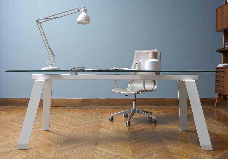 TORONTO / BUREAU VERRE TRANSPARENT 200 X 100 CM PIEDS MÉTAL BLANC_0
