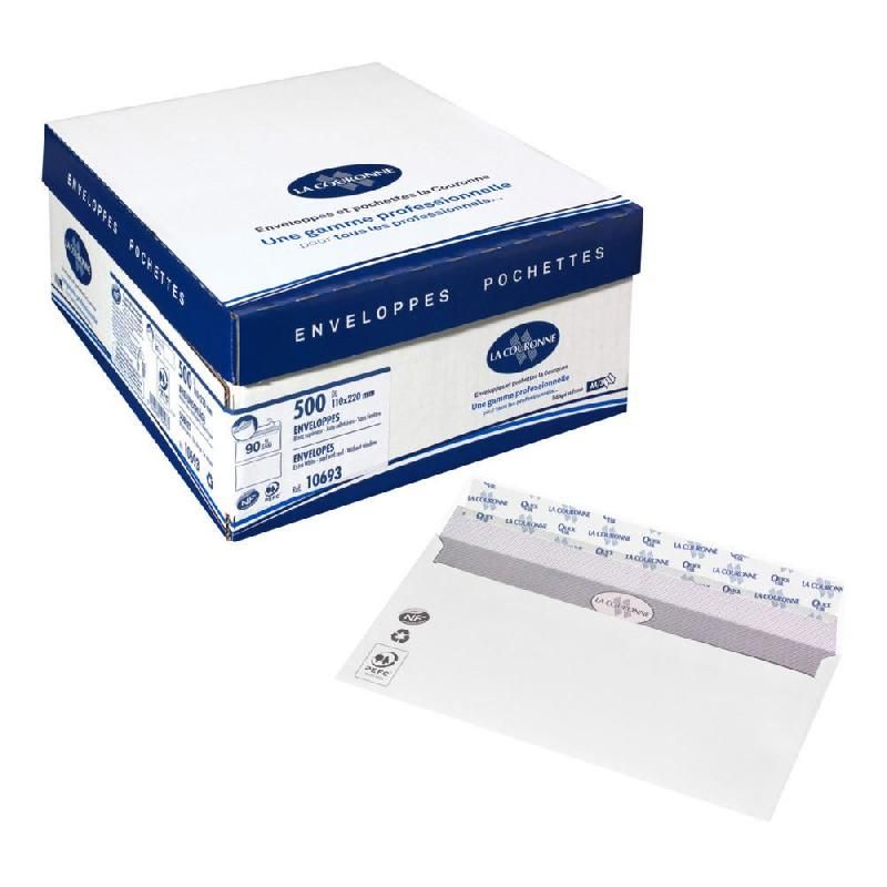 COURONNE ENVELOPPE BLANCHE PREMIUM - LA COURONNE -  - 110 X 220 MM - AUTOADHÉSIVE - AVEC FENÊTRE 35 X 100 MM - 90 G/M2 - BOÎTE DE 500