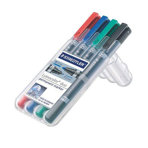 MARQUEUR PERMANENT STAEDTLER LUMOCOLOR DUO 348 POINTES OGIVES 1,5 MM ET PINCEAU 0,6 MM - ÉTUI DE 4 COULEURS ASSORTIES