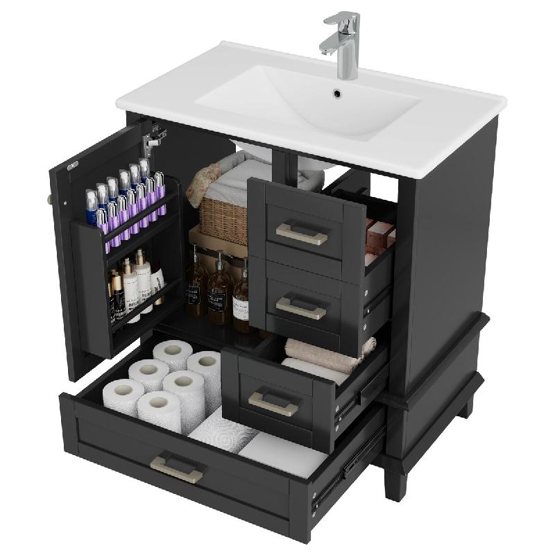 Merax Meuble sous-vasque 76x46x83.5 cm, meuble de salle de bain autoportant avec évier en céramique, étagère de porte, 4 tiroirs, noir - noir mult_0
