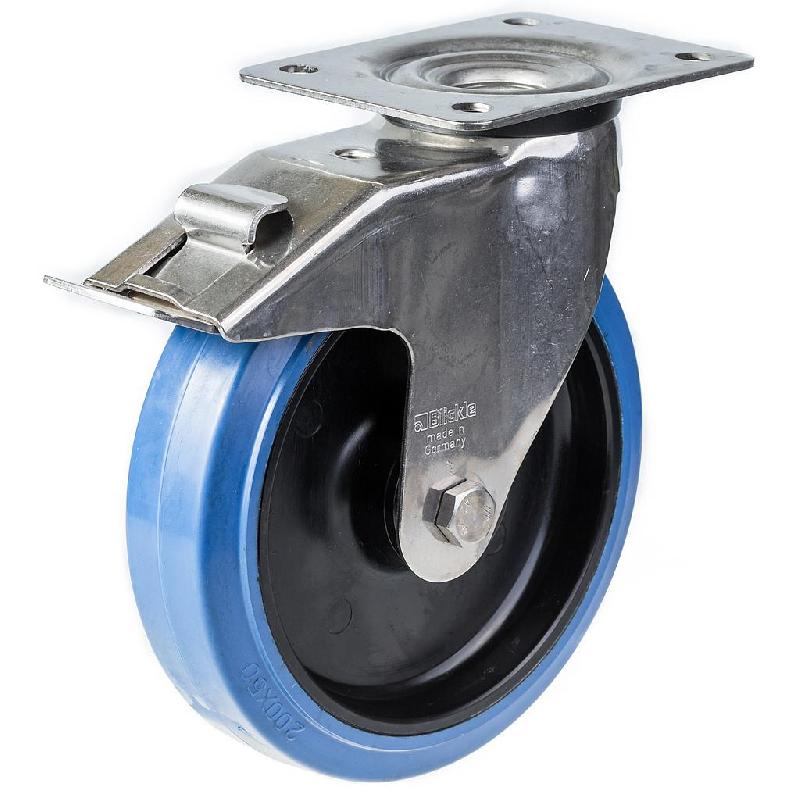 Roulette pivotante/frein de 200 mm en acier inoxydable avec caoutchouc élastique bleu sur centre en nylon_0