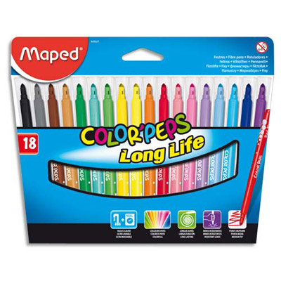 POCHETTE DE 18 FEUTRES DE COLORIAGE MAPED COLOR PEPS LONGLIFE - POINTE MOYENNE - COLORIS ASSORTIS