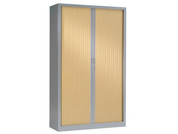 Armoire haute à rideaux bois - 1200 x 430 x 1980 mm - Gris aluminium et chêne clair - 4 étagères - Charge 110 kg_0