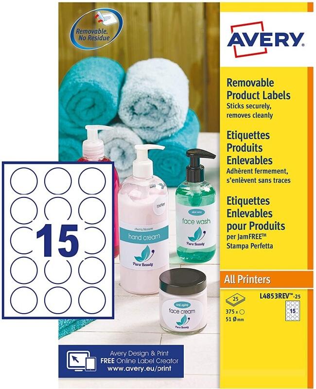 AVERY 375 étiquettes enlevables Laser blanc, format Ø 51 mm (25 feuilles / cdt) - 5014702134159_0