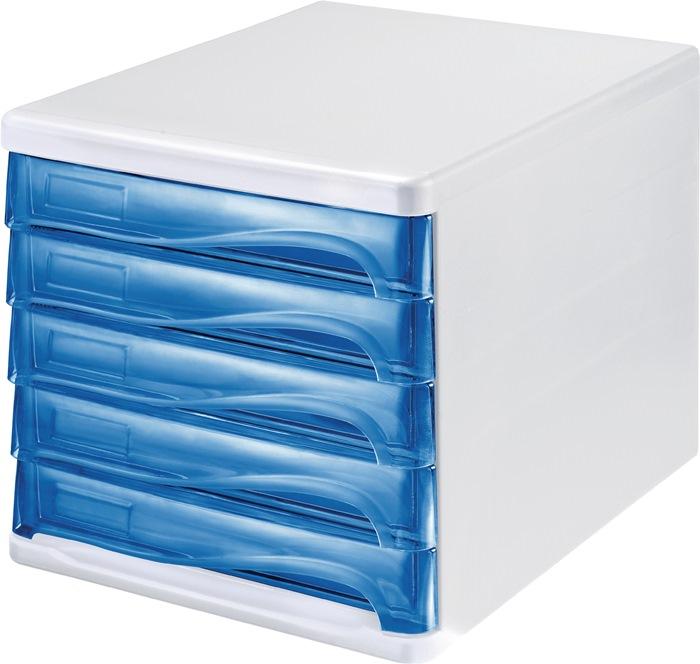 Boîte de tiroir HELIT - 5 tiroirs blanc/bleu transparent en plastique - H245xl265xP340 mm - Format A4_0