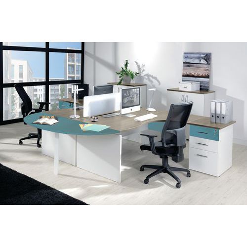 BUREAU ASYM. LINÉO 160 RET À D CHÊNE GRIS BLANC/BLEU ARGILE - SIMMOB