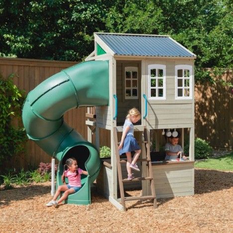 Cabane de jeu deux étages avec toboggan tube Cozy Escape - Kidkraft - bois massif de cèdre - L3.17 x P2.31 x H2.74m_0