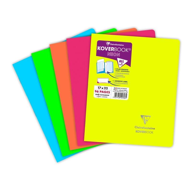Clairefontaine Lot de 10 Cahier Kover Book Néon 17x22, 96p./48 feuilles 90 g/m² piquées, couv. Fluo assorties (5), ligné + marge - 3037929517231_0