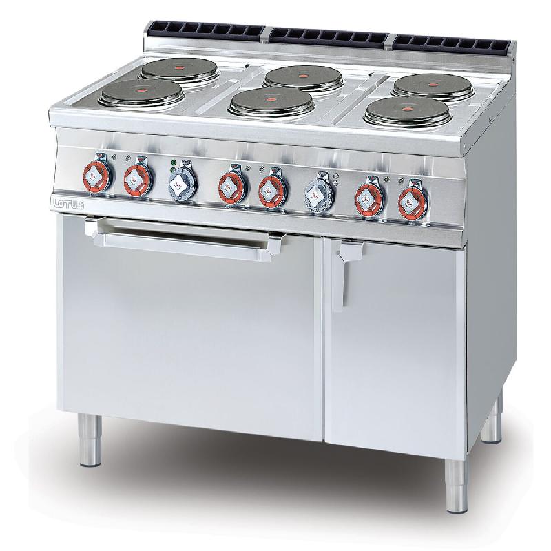 Cuisinière électrique 6 plaques rondes avec four électrique statique GN 2/1. Structure en acier inox. Dimensions 120×70,5×90 cm. Modèle CF6-712E_0