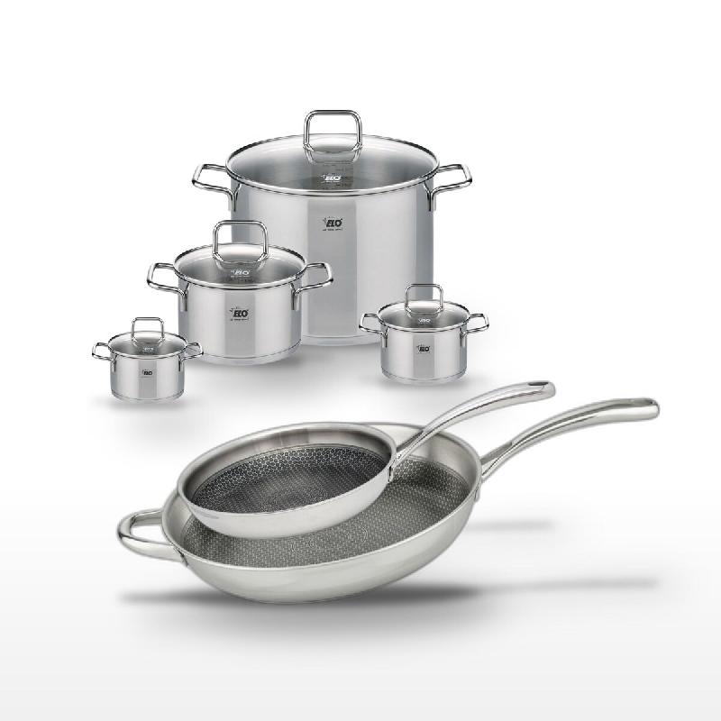 Lot 2 Poêles 32/28cm & 4 Faitouts 12/14/20/26cm Elo Relief Evolution - gris inox 3176239958386_0