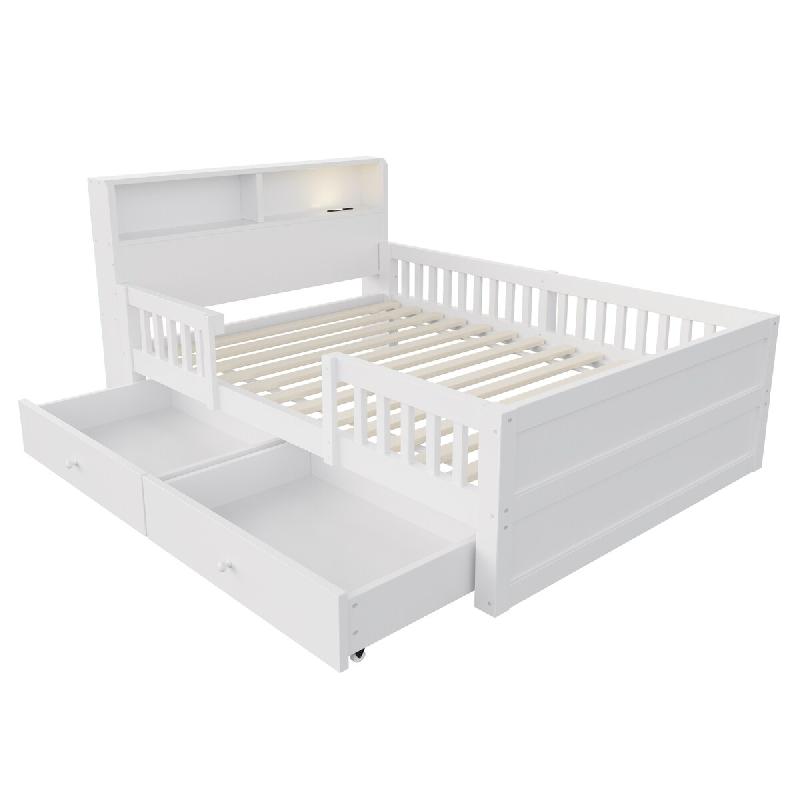 Merax Lit en bois 90x190 cm, lit simple blanc avec 2 tiroirs, lampe LED, USB, Type-C, rangement de tête et sommier - blanc multi-matériau LDF00633AAK_0