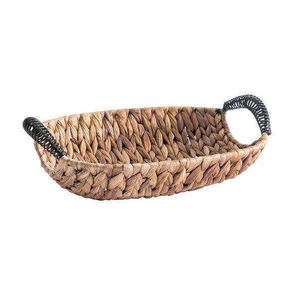 Panier à anses naturel ovale en feuilles de bananier tressées - 27x21x11cm - avec poignées en métal_0